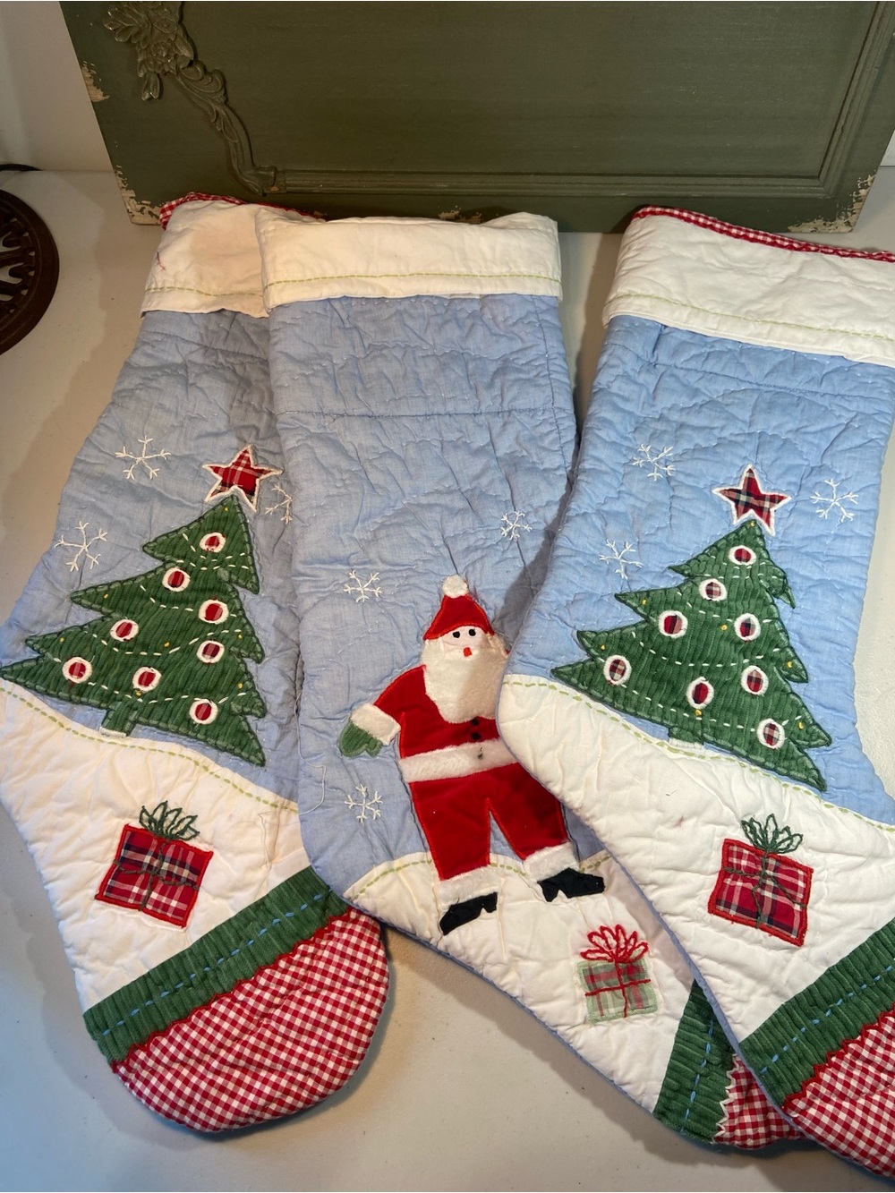 Vintage Pottery Barn Holiday Santa & Tree Quilted Christmas Stockings - Set of 3